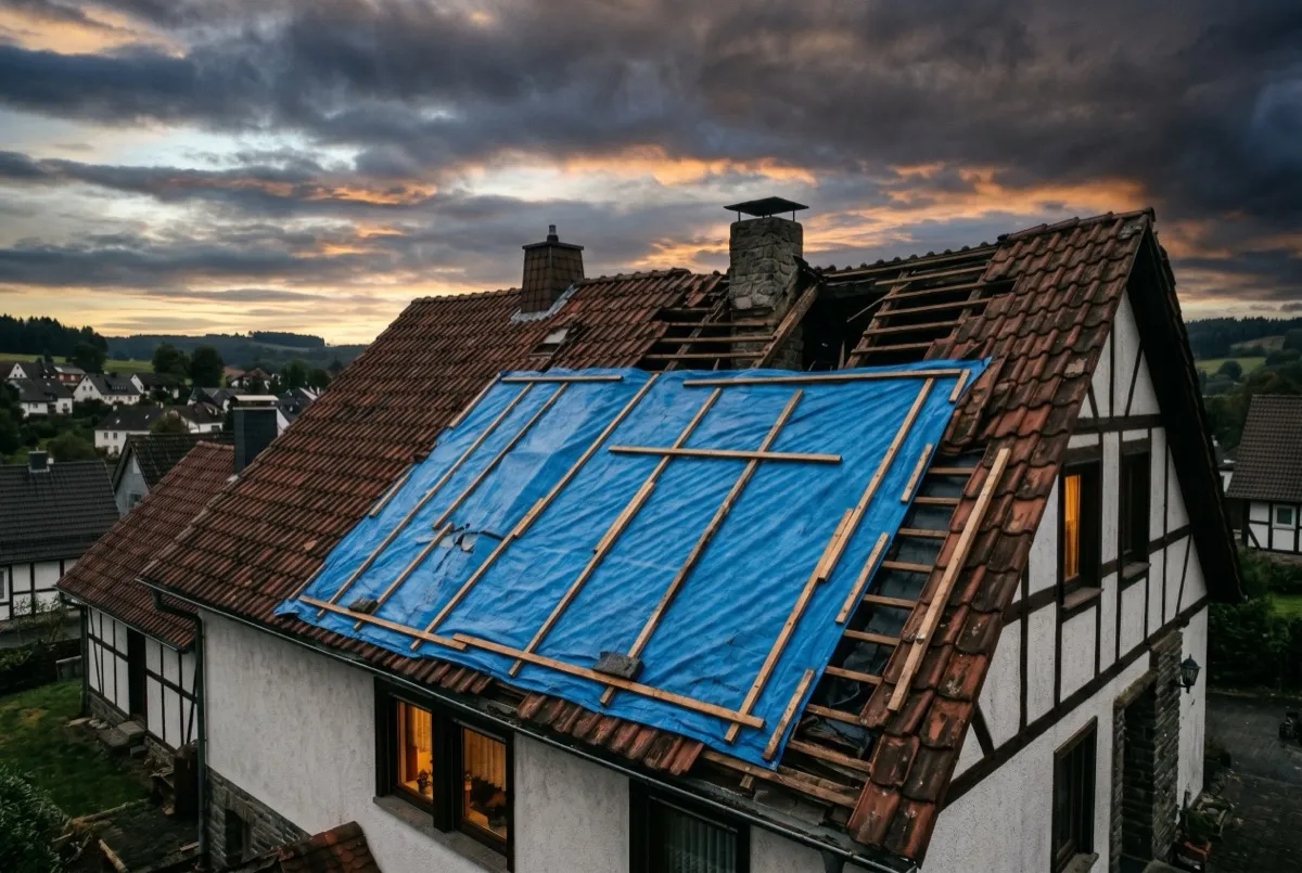 Notdienst nach Sturm: Dach mit blauer Schutzplane abgesichert