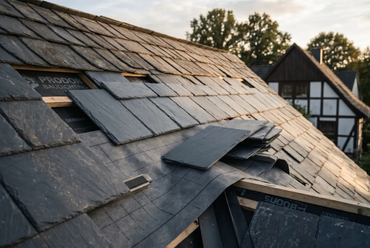 Dachreparatur in Nahaufnahme: neue Schieferplatten werden eingedeckt