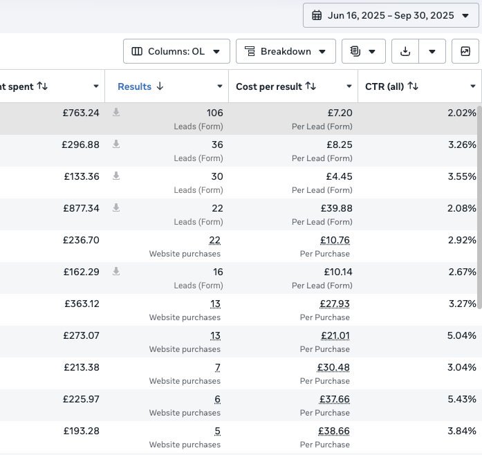 Leads plus website purchases, June to September 2025