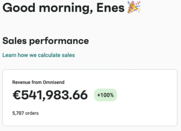 Omnisend dashboard, 541K email revenue