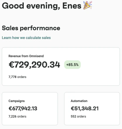 Omnisend dashboard, 729K email revenue